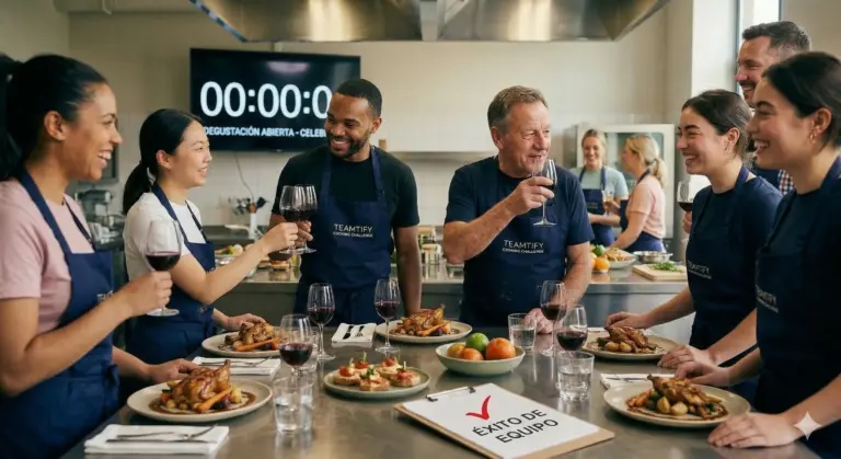 equipo realizando team building de cocina bajo presión en cooking challenge corporativo
