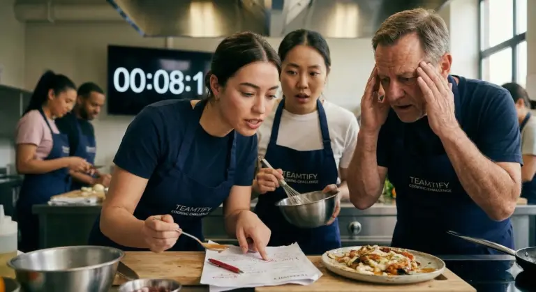 equipo realizando team building de cocina bajo presión en cooking challenge corporativo