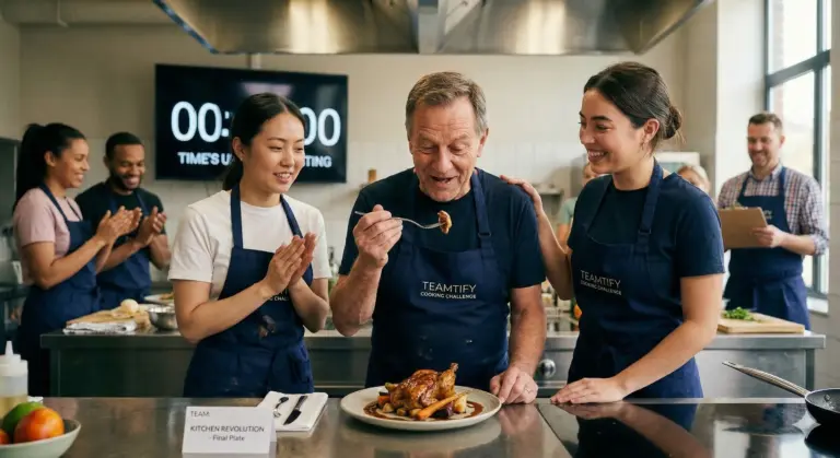 equipo realizando team building de cocina bajo presión en cooking challenge corporativo