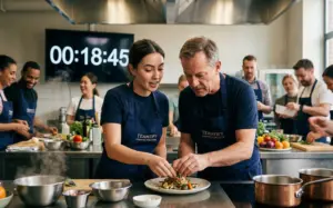 Equipo realizando team building de cocina en una actividad corporativa en equipo